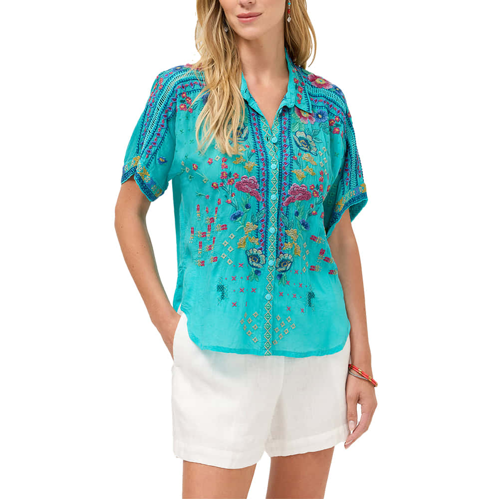 Johnny Was Apparel Johnny Was The Audrey Short Sleeve Shirt in Ceramic Blue
