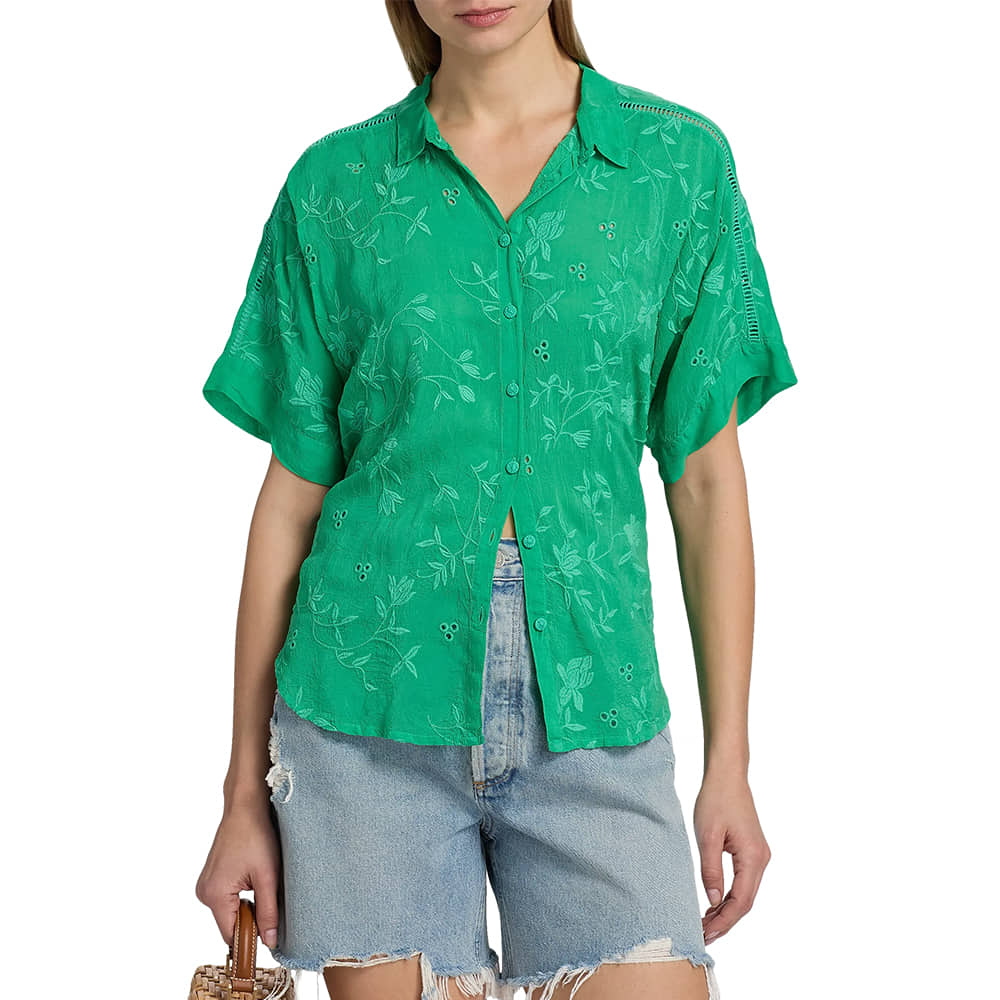 Johnny Was Apparel Johnny Was Women's Bright Green The Audrey Eyelet Flower Short Sleeve Shirt