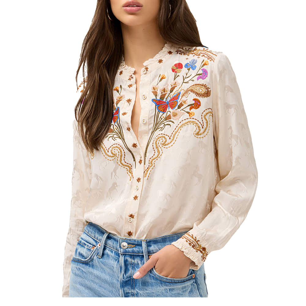 Johnny Was Collection Apparel Johnny Was Women's Ecru Durago Ruffle Neck Shirt