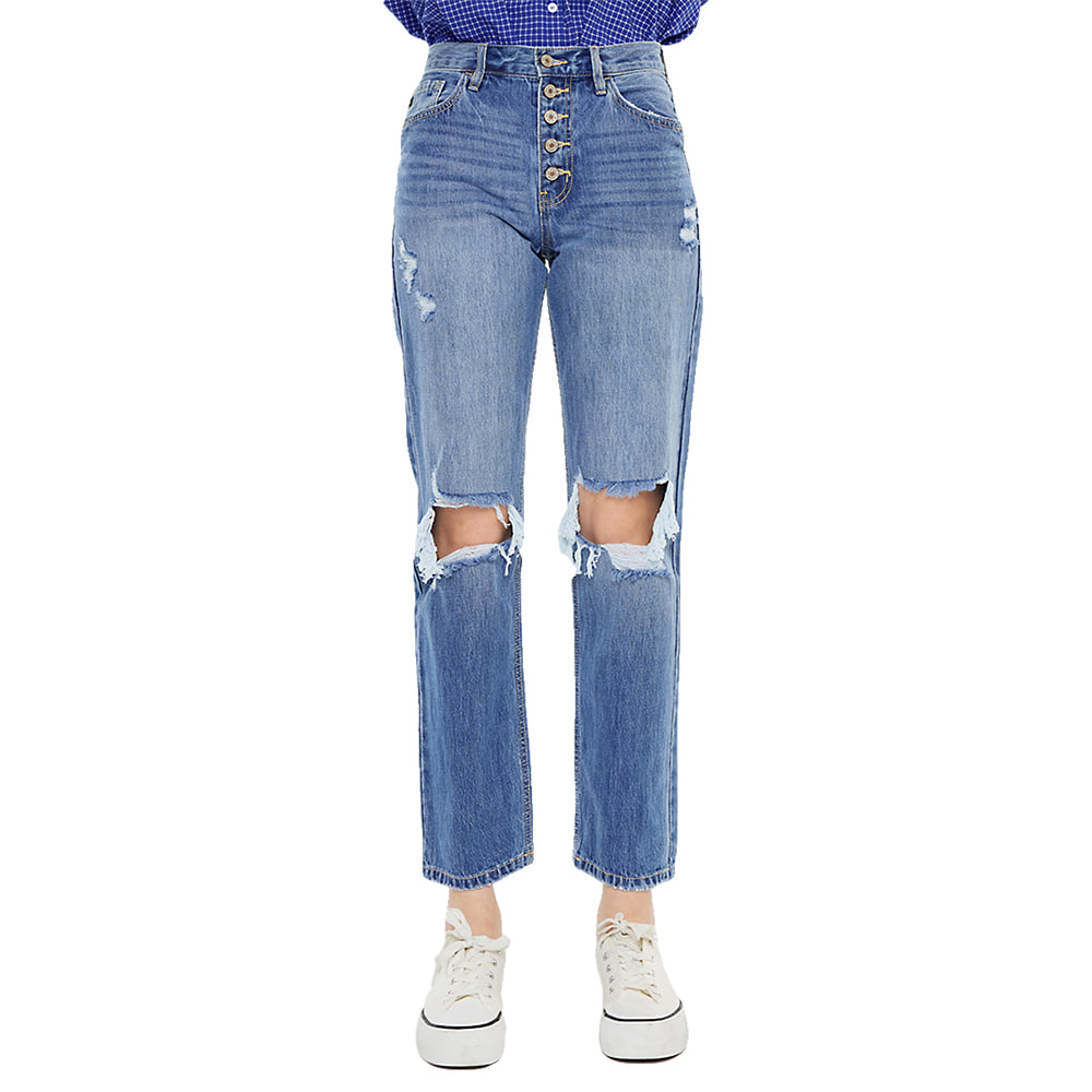 Kancan Apparel Kancan Keke High Rise Straight Leg Distressed Hem Dark Wash Women's Jeans