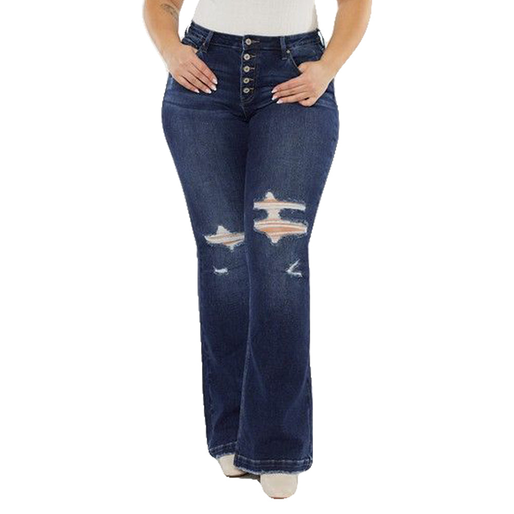 Kancan Apparel Kancan Mid Rise Distressed Flare Plus Size Dark Stone Wash Women's Jeans