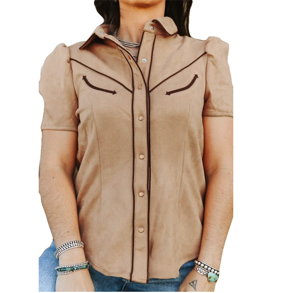 Lucky and Blessed Apparel Beige Contrast Arrow Pearl Snap Puff Sleeve Top