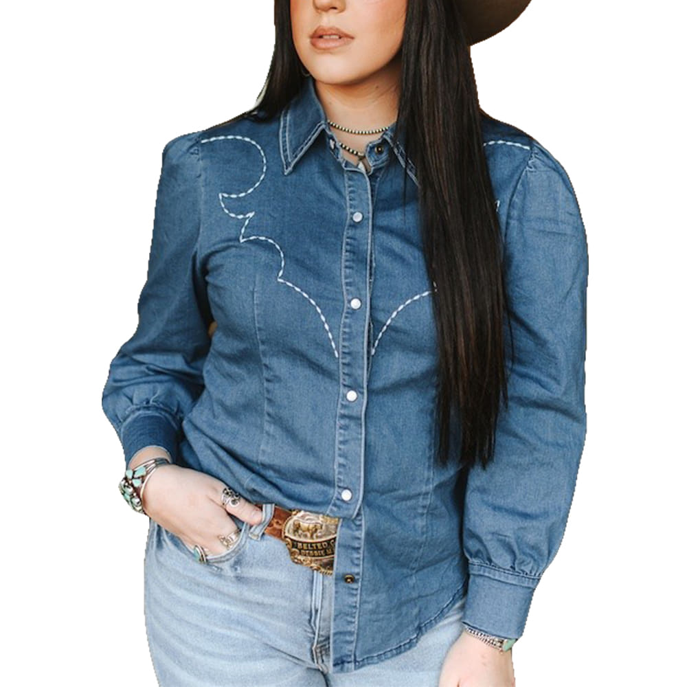 Lucky & Blessed Apparel Lucky & Blessed Women's Denim Embroidered Puff Long Sleeve Shirt