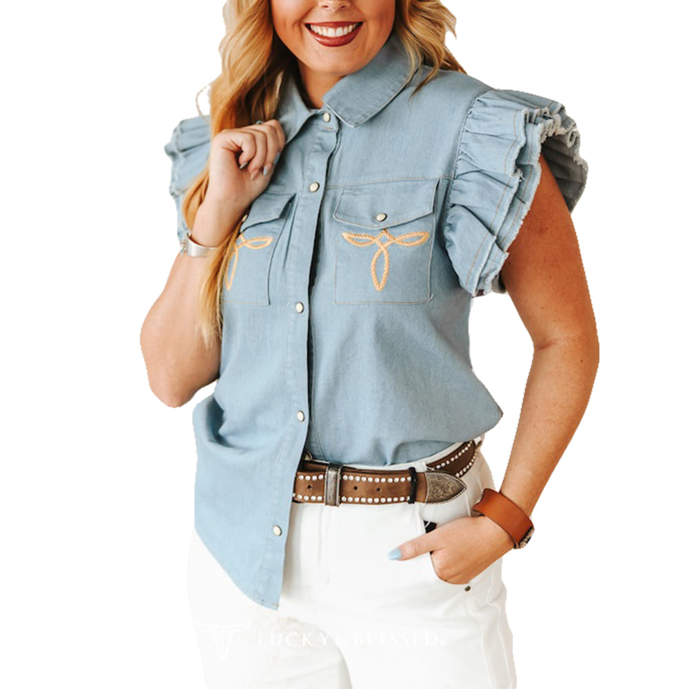 Lucky & Blessed Apparel Lucky & Blessed Women's Tencel Ruffle Sleeve Button-Down Top