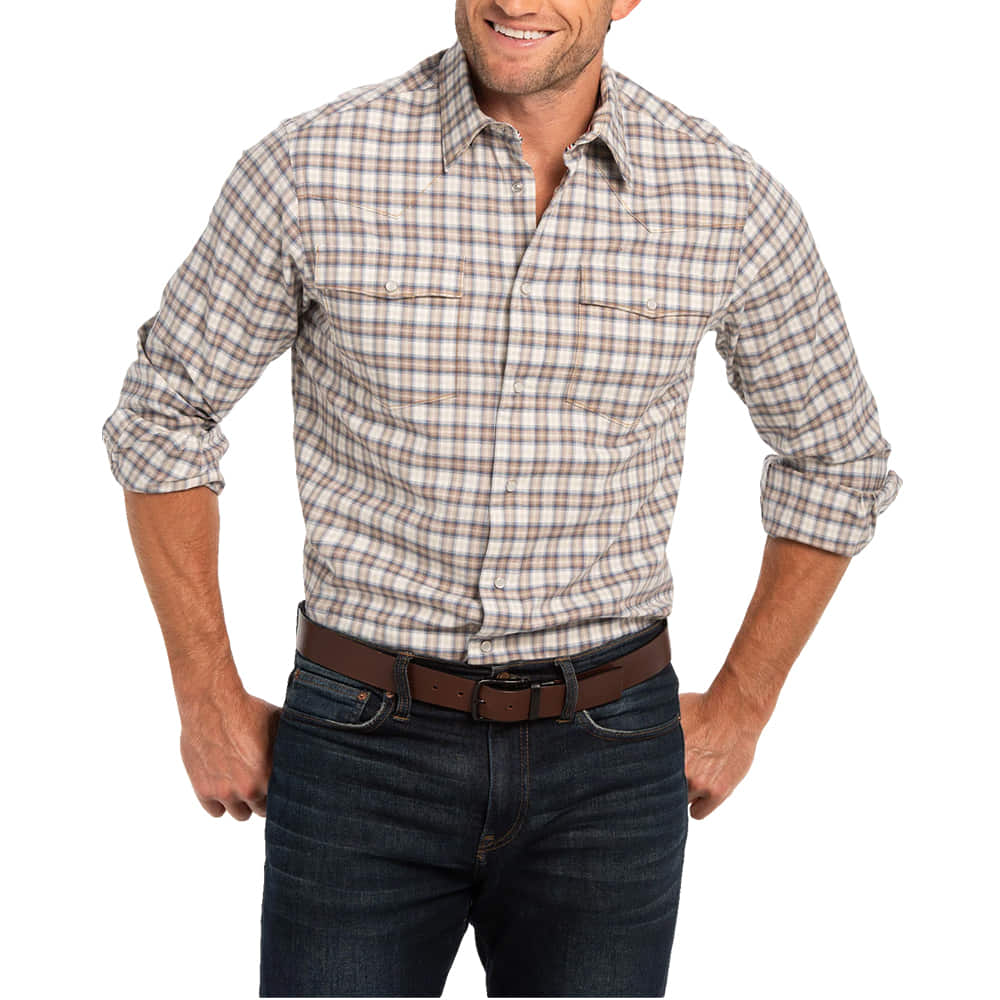 Madison Creek Outfitters Apparel Madison Creek Outfitters Mens Long Sleeve Snap Taupe Blue Plaid Bisley Shirt