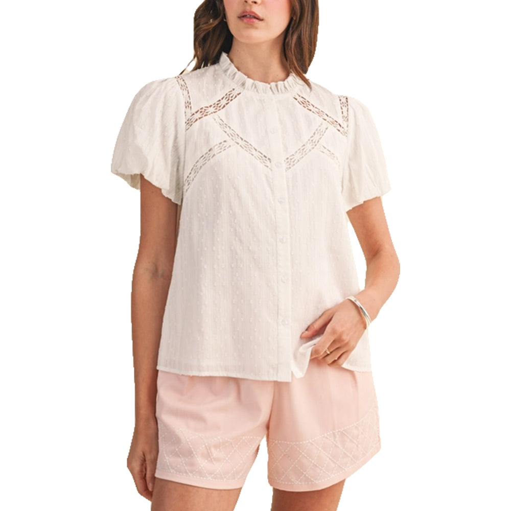 Merci Apparel Button Down Top with CutOut Lace Trim