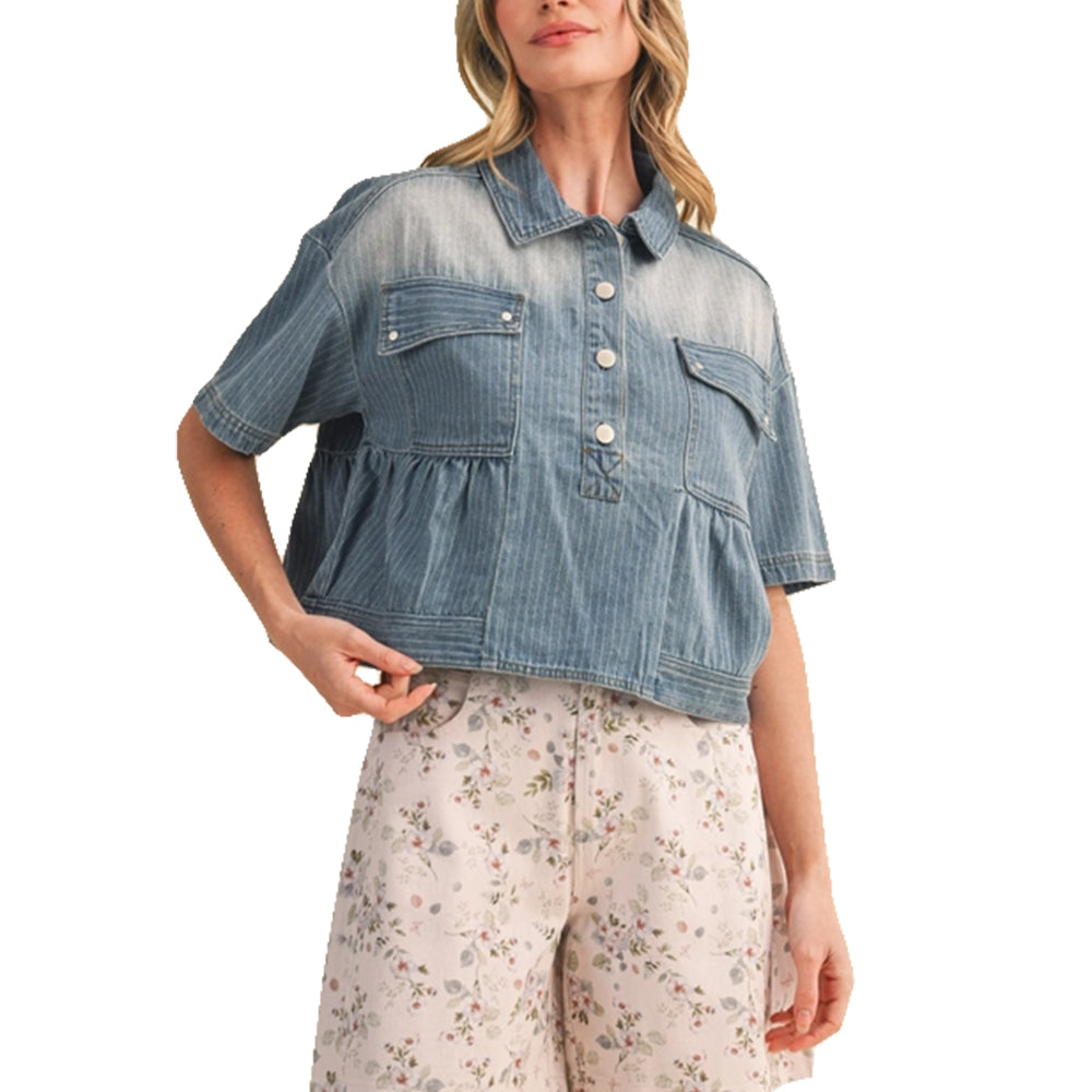 Merci Apparel Pinstripe Denim Cropped Babydoll Top