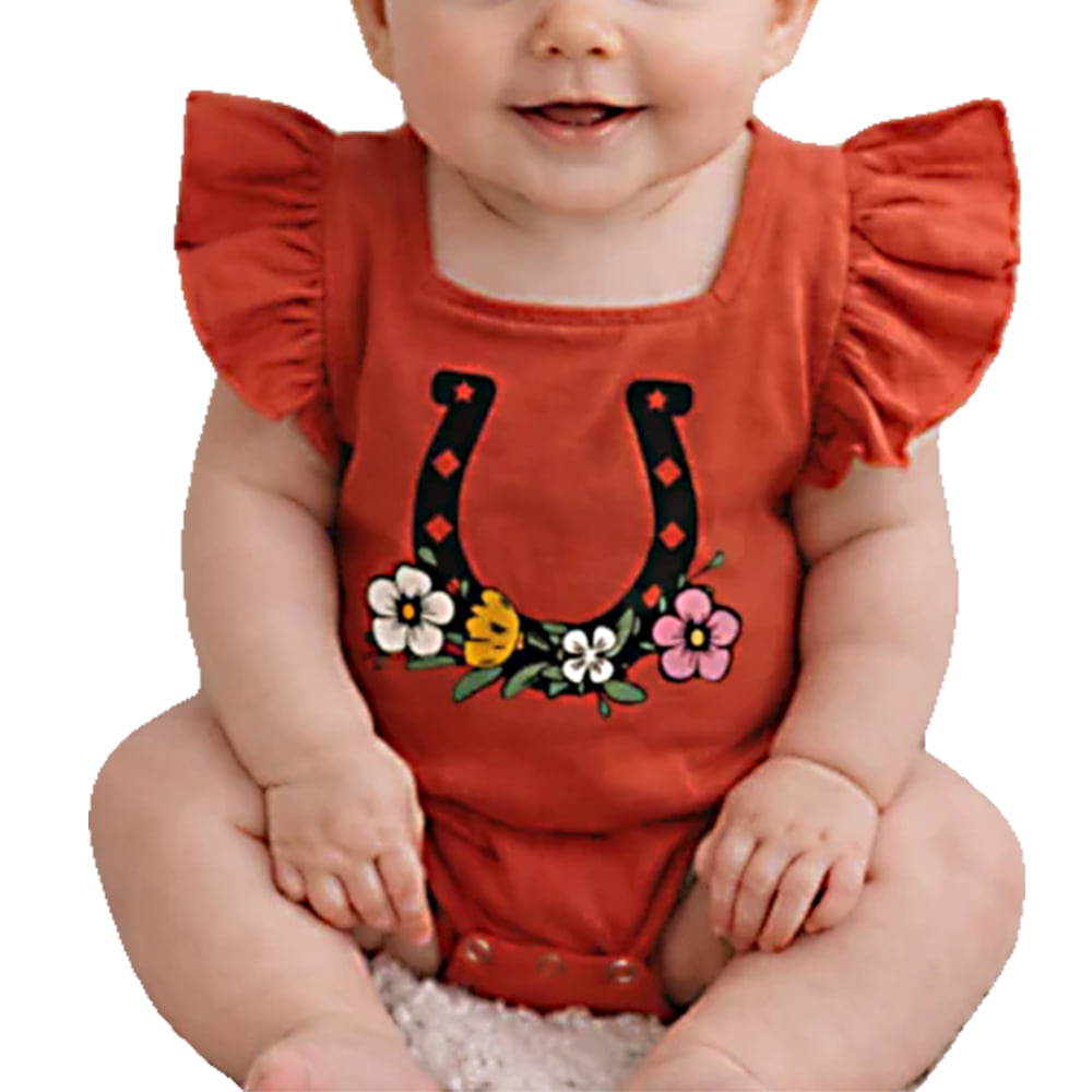 Montana Co. Clothing Apparel Infant Girls Horseshoe Onesies with Frill Sleeves