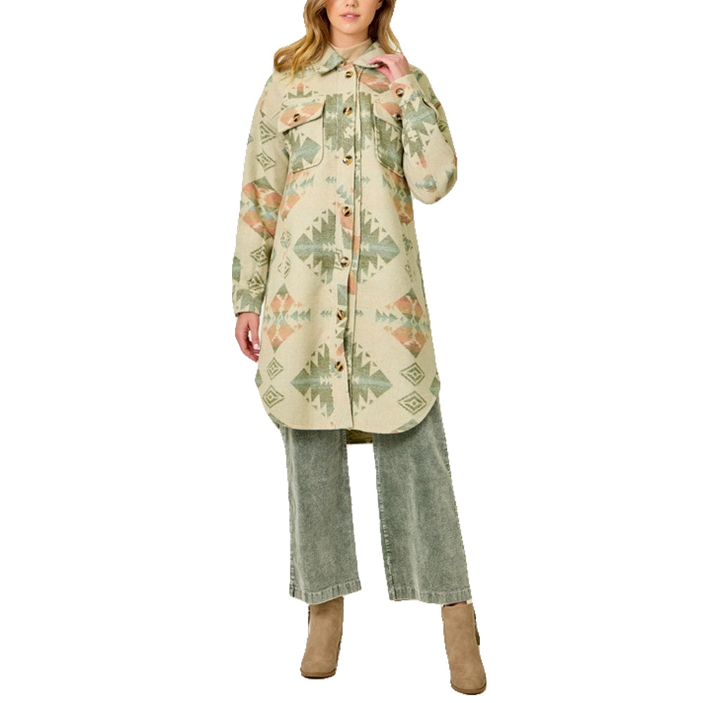 Mystree Apparel Mystree Women's Fringe Placket Aztec Long Jacket