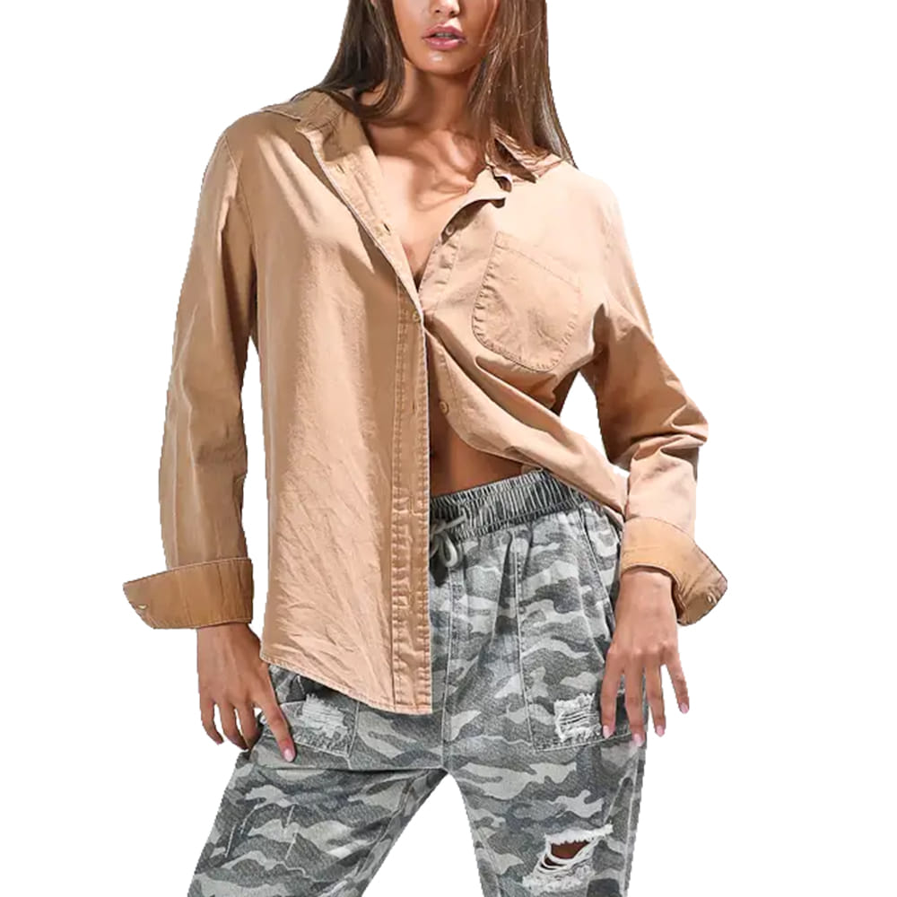 Noaboa Apparel Turn Down Collars Single Pocket Button Down Washed Out Shirt