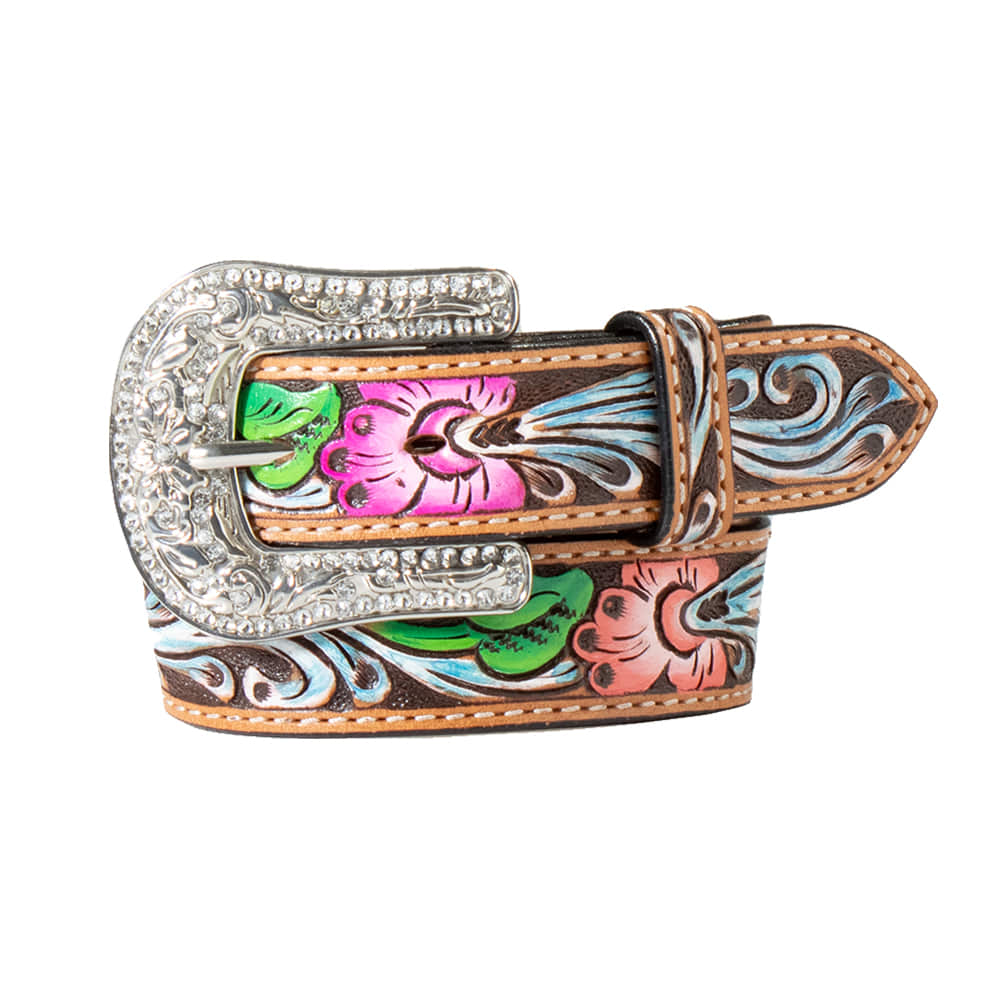 Nocona Belts Apparel Angle Ranch Girls 1 1/4 Hand Tooled Floral Feathers Belt