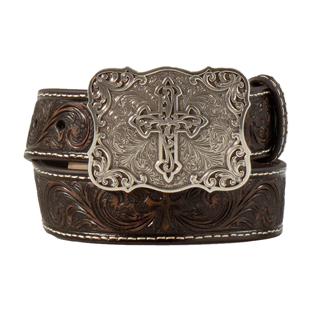 Nocona Belts Apparel Nocona Belts Youth Girl Belt 1/4 Embossed Cross Brown