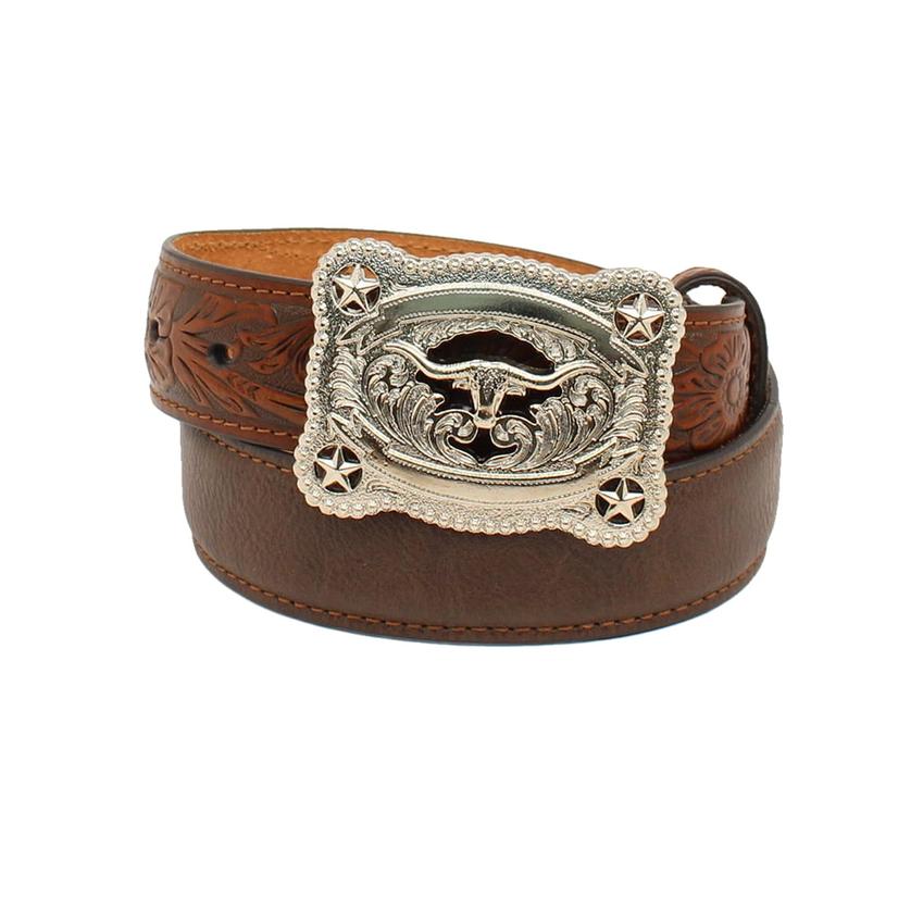 Nocona Belts Apparel Nocona Longhorn Buckle Brown Tooled Boy's Belt