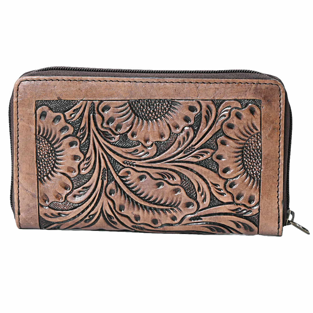 Ohlay Bags Other Ohlay Tan and Brown Sunflower Tooled Wallet with Zipper Closure