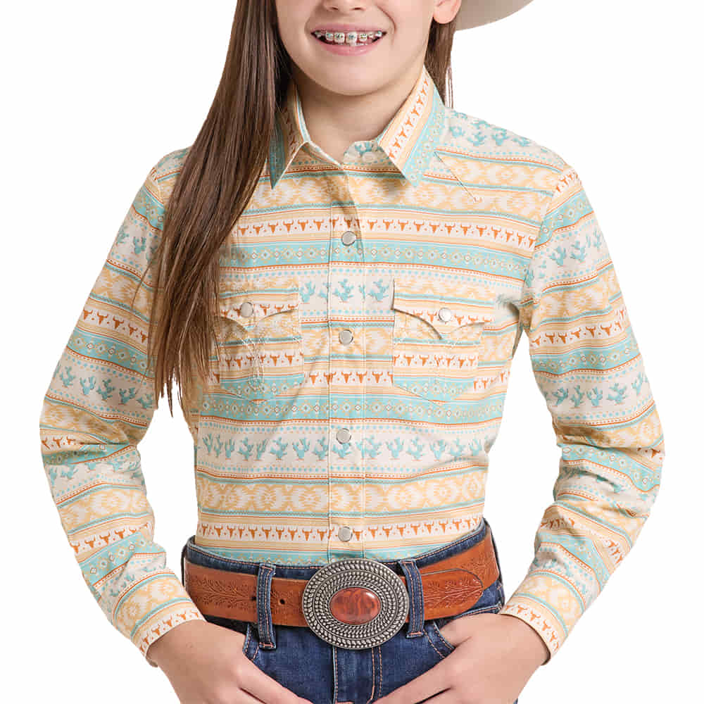PANHANDLE SLIM 1000 GIRLS SHIRTS AND DRESSES Girls Long Sleeve Cactus Aztec Snap Shirt
