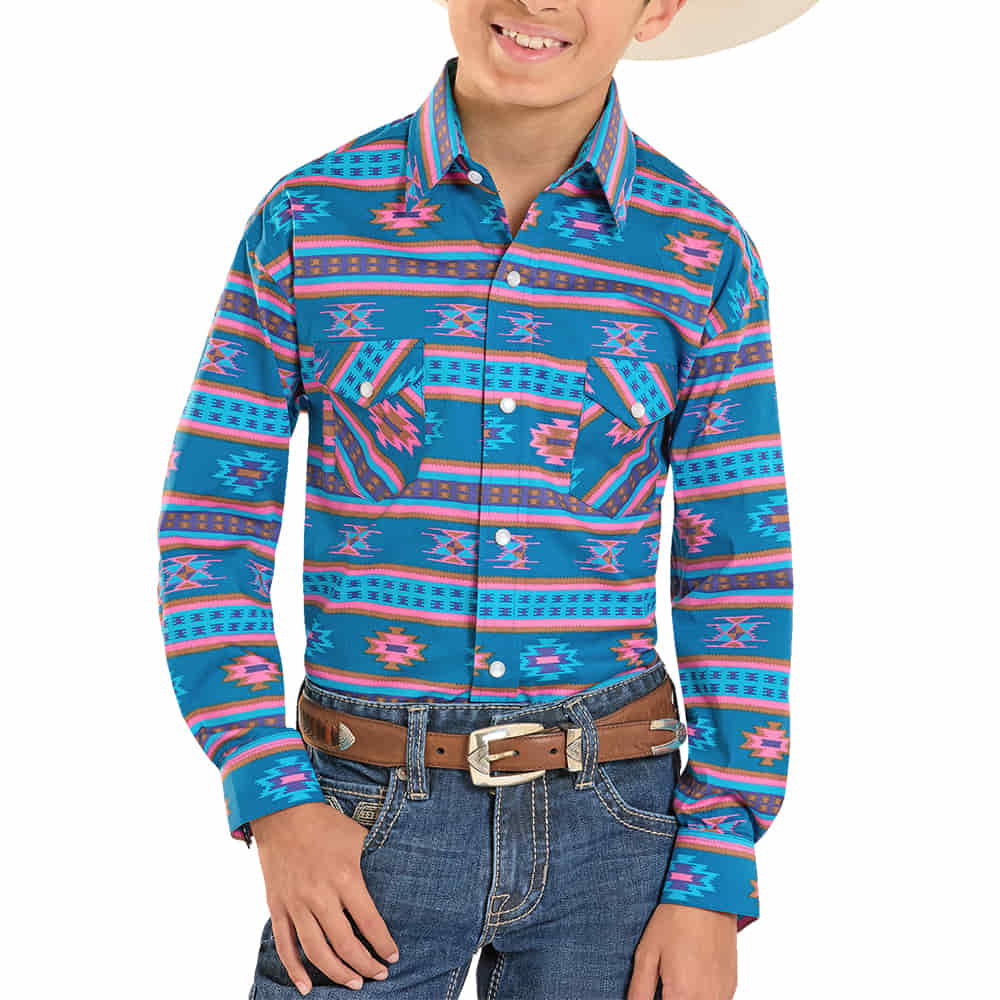 Panhandle Slim Apparel Panhandle Slim Boy's Teal Vintage Southwestern Snap Long Sleeve Shirt
