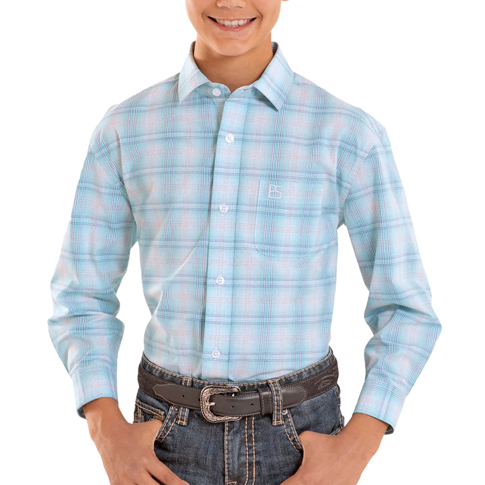 Panhandle Slim Apparel Panhandle Slim Boy's Turquoise Ombre Plaid Long Sleeve Snap Shirt
