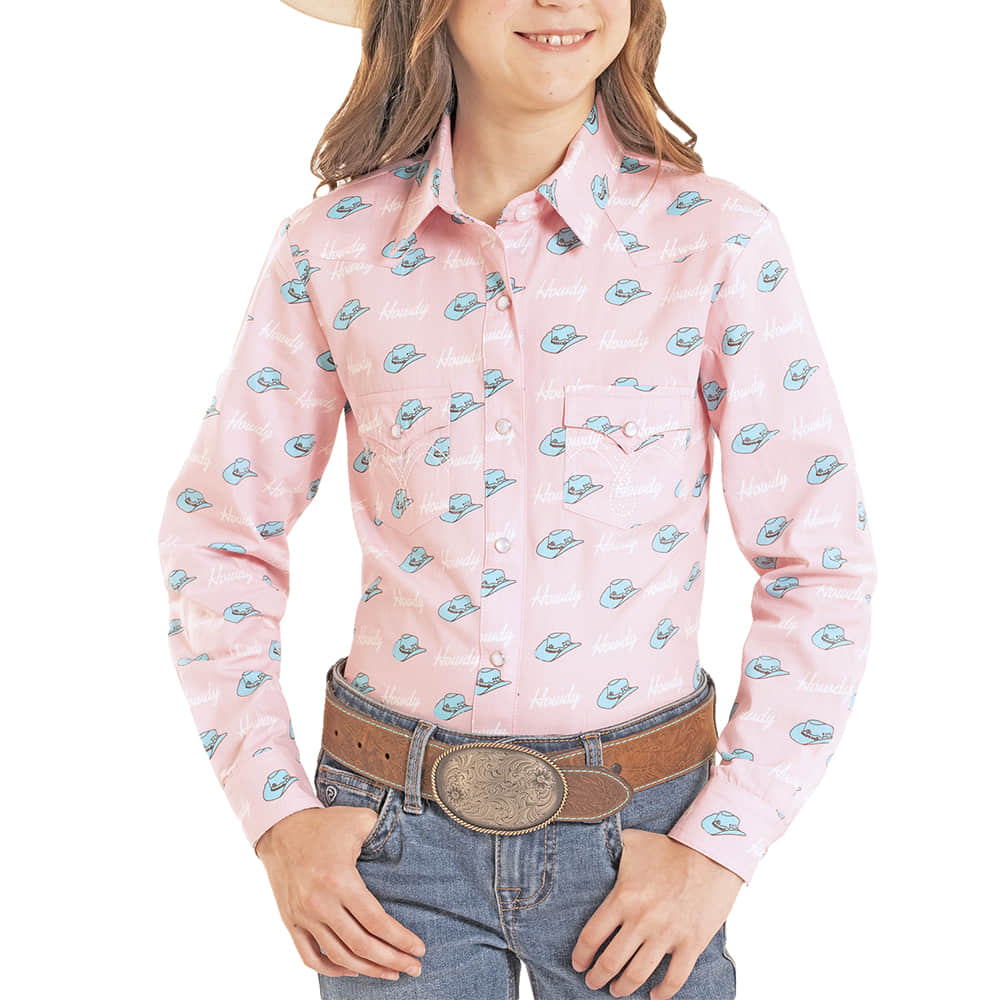 Panhandle Slim Apparel Panhandle Slim Girl's Pink Howdy Long Sleeve Snap Shirt