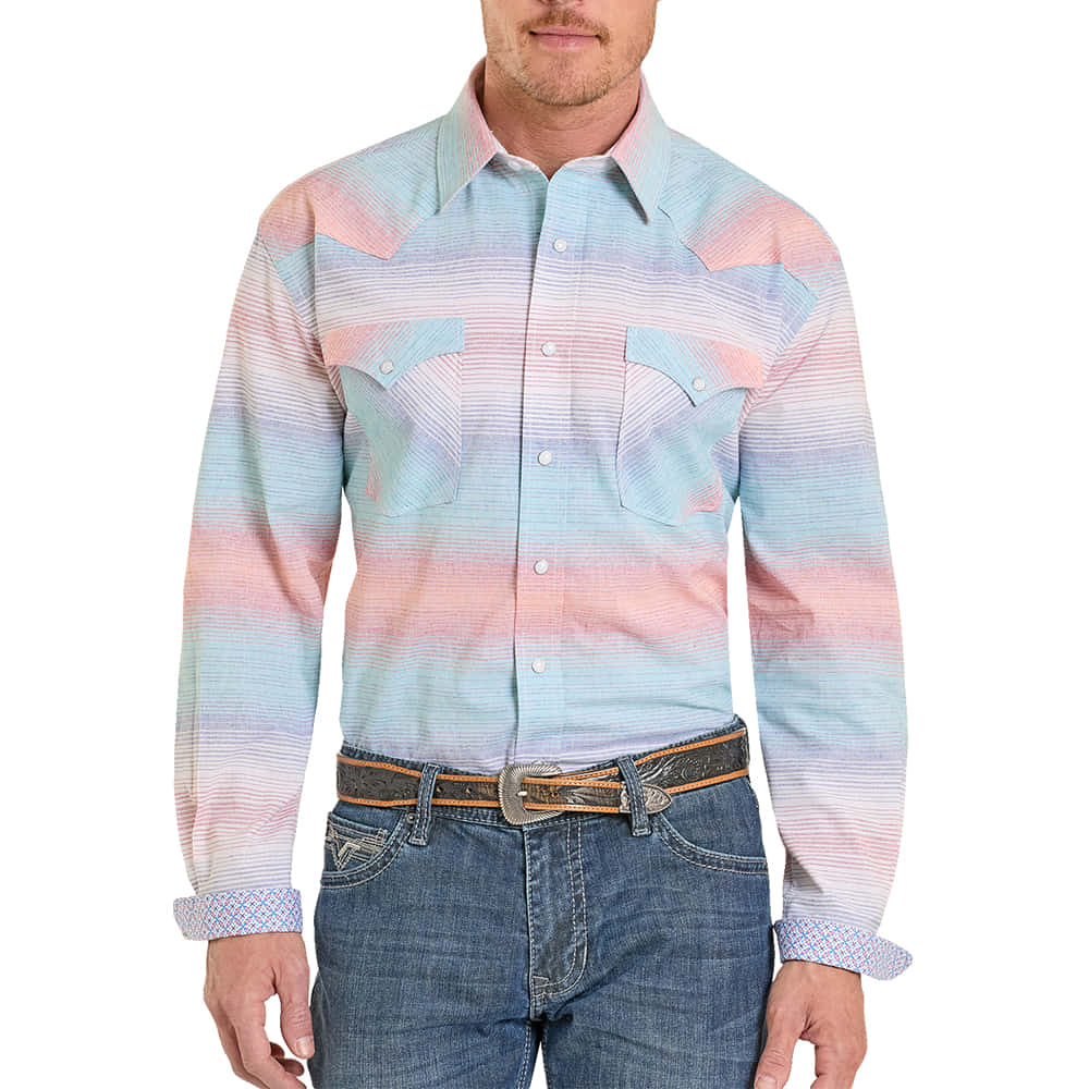 Panhandle Slim Apparel Panhandle Slim Men's Long Sleeve Textured Ombre Snap Shirt in Aqua