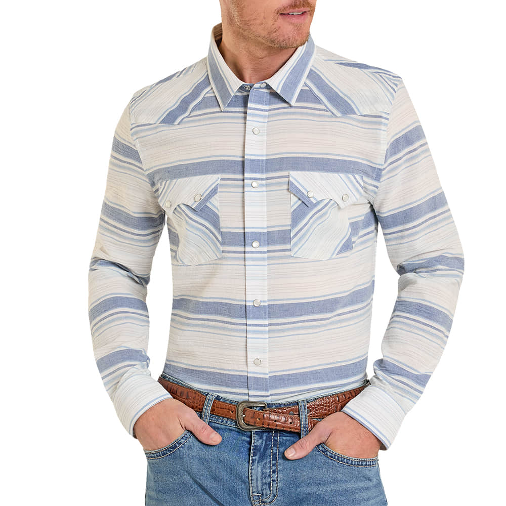 Panhandle Slim Apparel Panhandle Slim Men's Long Sleeve Vintage Serape Stripe in Indigo and White
