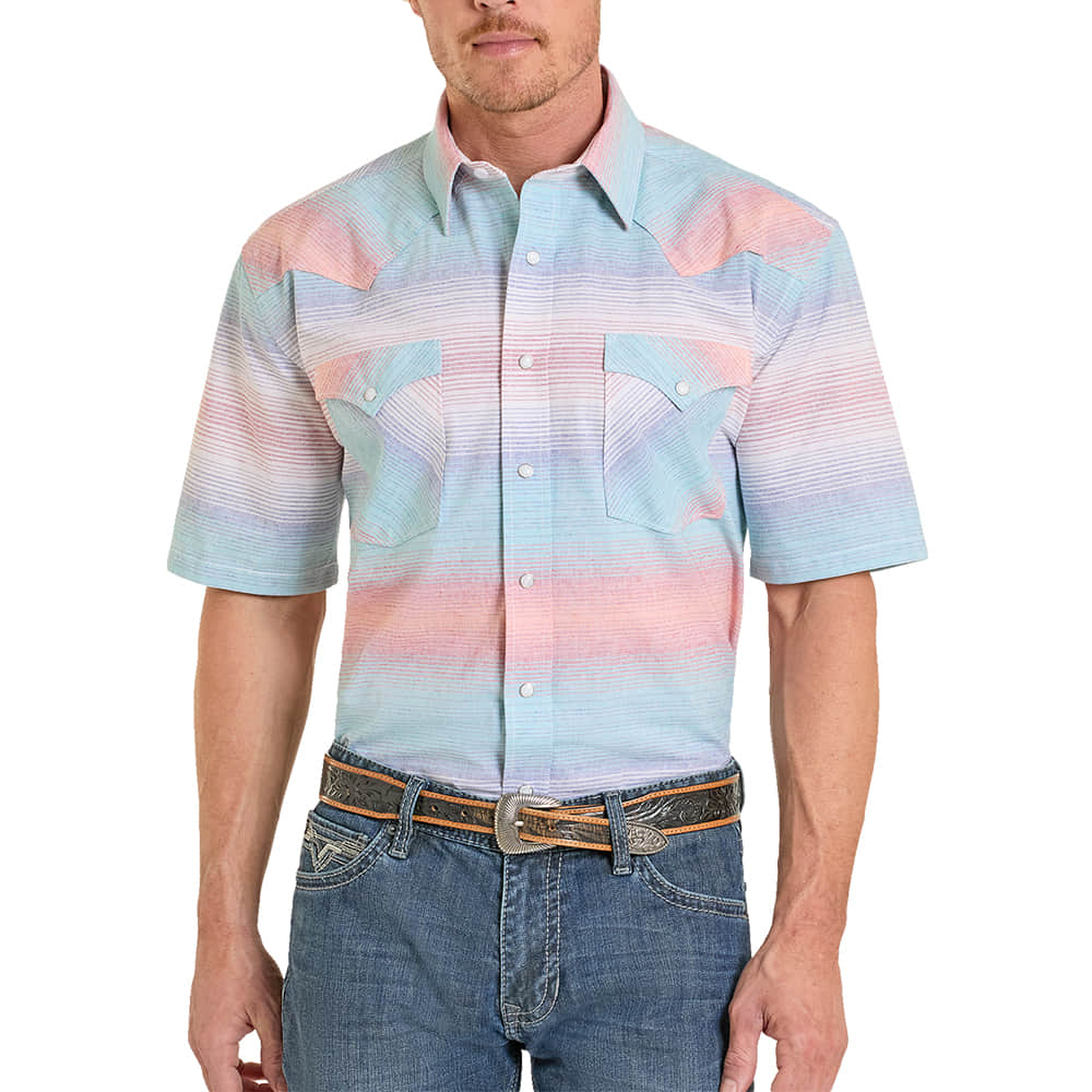 Panhandle Slim Apparel Panhandle Slim Men's Short Sleeve Textured Ombre Snap Shirt in Aqua