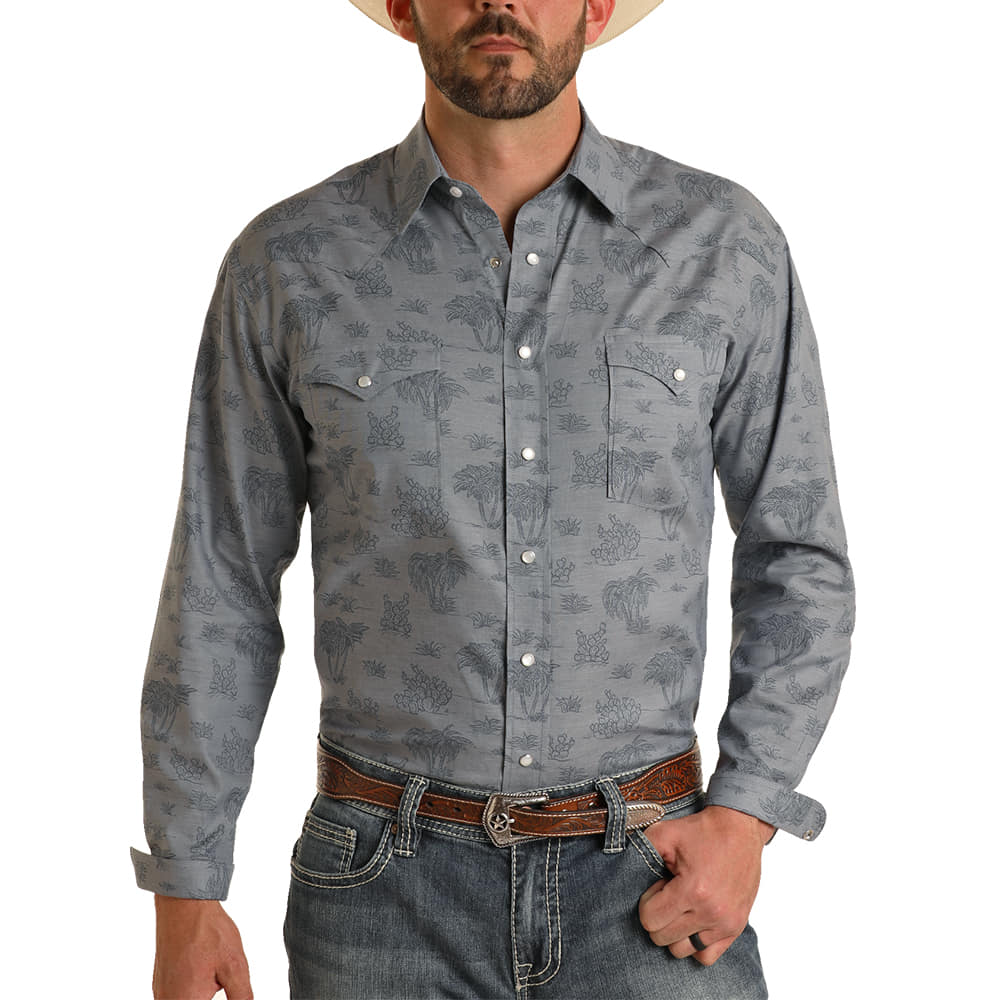 Panhandle Slim Apparel Panhandle Western Hawaiian Chambray Print Long Sleeve Snap Men's Shirt