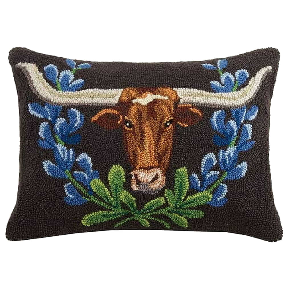 Peking Handicraft Home Decor 16"X22" Peking Handicraft Longhorn and Blue Bonnets Hook Pillow