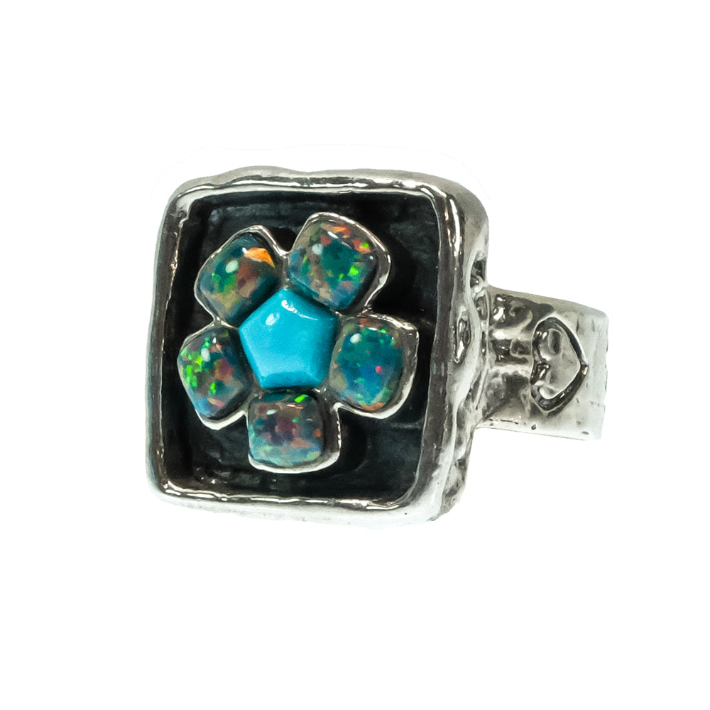 Peyote Bird Designs Jewelry Peyote Bird Designs Turquoise and Opal Flower Ring