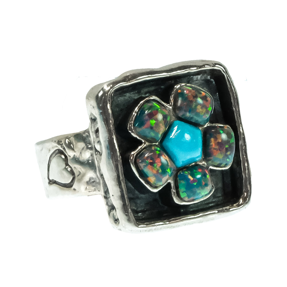 Peyote Bird Designs Jewelry Peyote Bird Designs Turquoise and Opal Flower Ring
