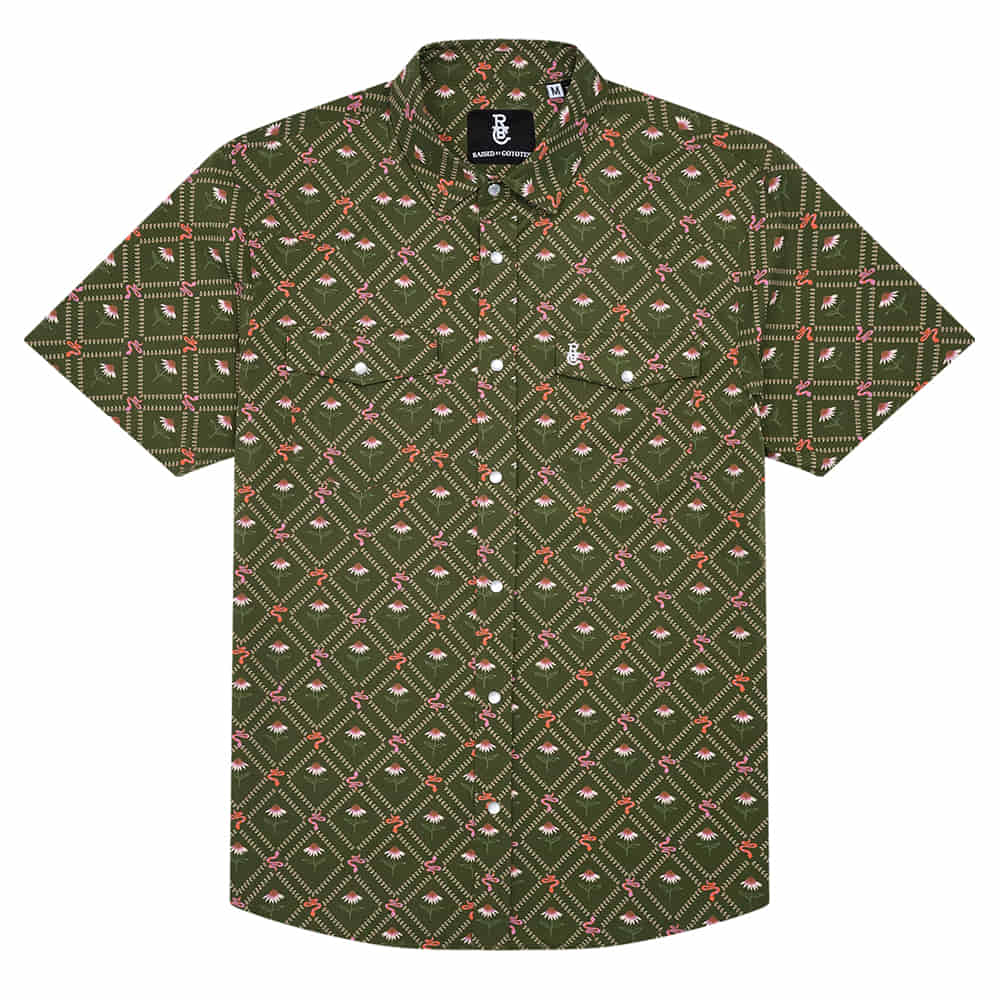 Raised By Coyotes Apparel Mens Copperhead Pearl Snap Short Sleeve