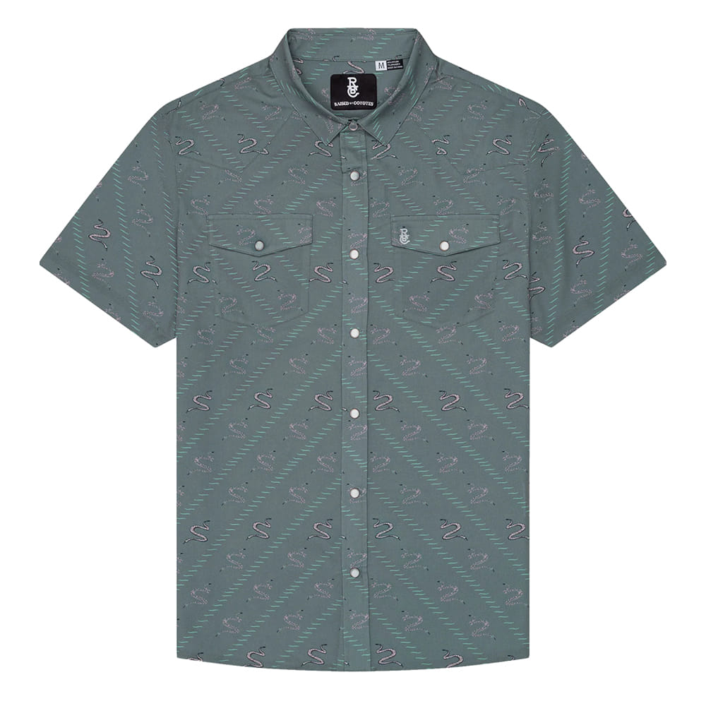 Raised By Coyotes Apparel Raised By Coyotes Men's Green Sidewinder Short Sleeve Pearl Snap Shirt