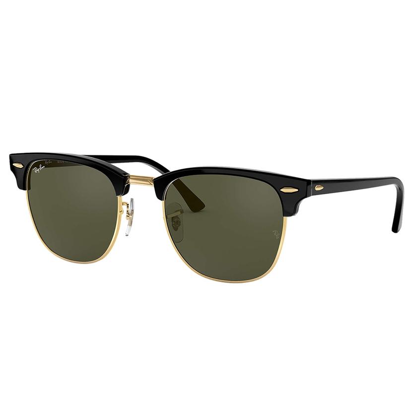 Ray Ban Apparel Black / 51 Ray Ban ClubMaster Classic Polished Black on Gold Green G-15 Lens Sunglasses