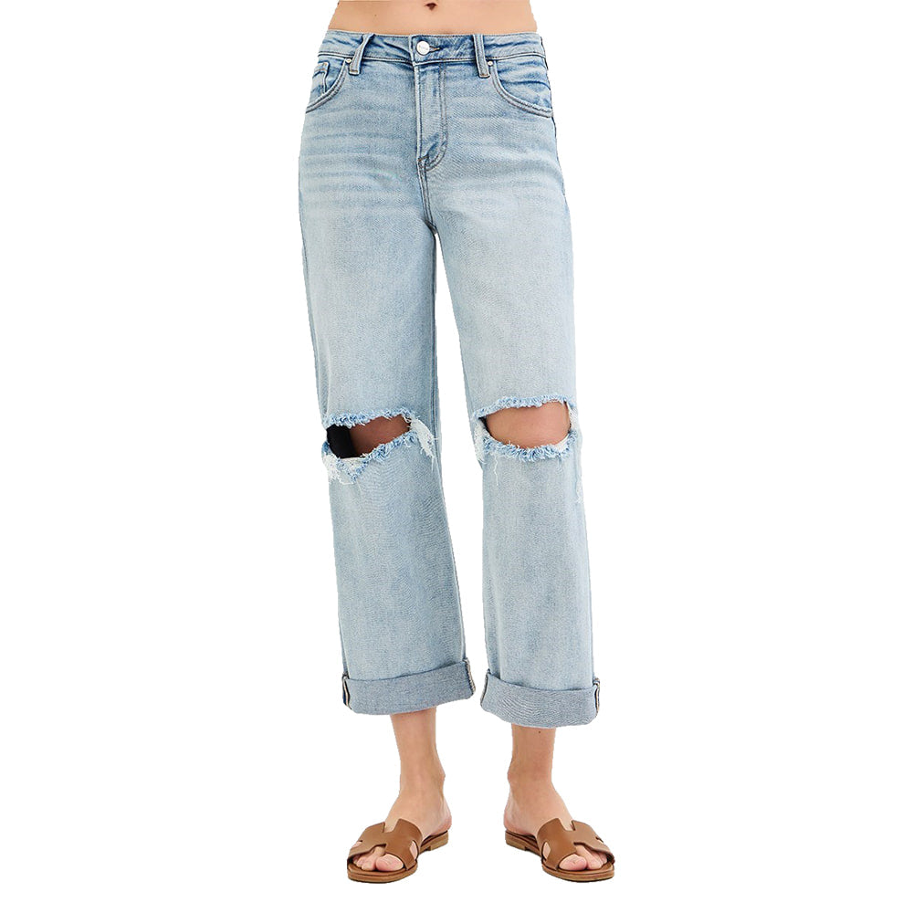 Risen Apparel Risen Mid Rise Fit Light Wash Women's Cuffed Boyfriend Jeans Plus Size