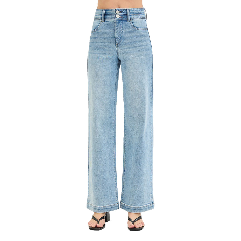 Risen Apparel Risen Tummy Control High Rise Wide Elastic Double Band Waist Light Wash Women's Jeans
