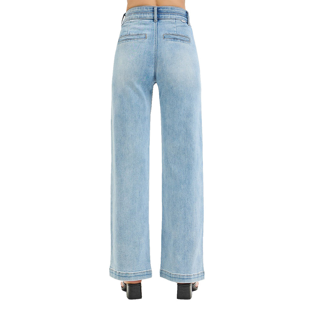 Risen Apparel Risen Tummy Control High Rise Wide Elastic Double Band Waist Light Wash Women's Jeans