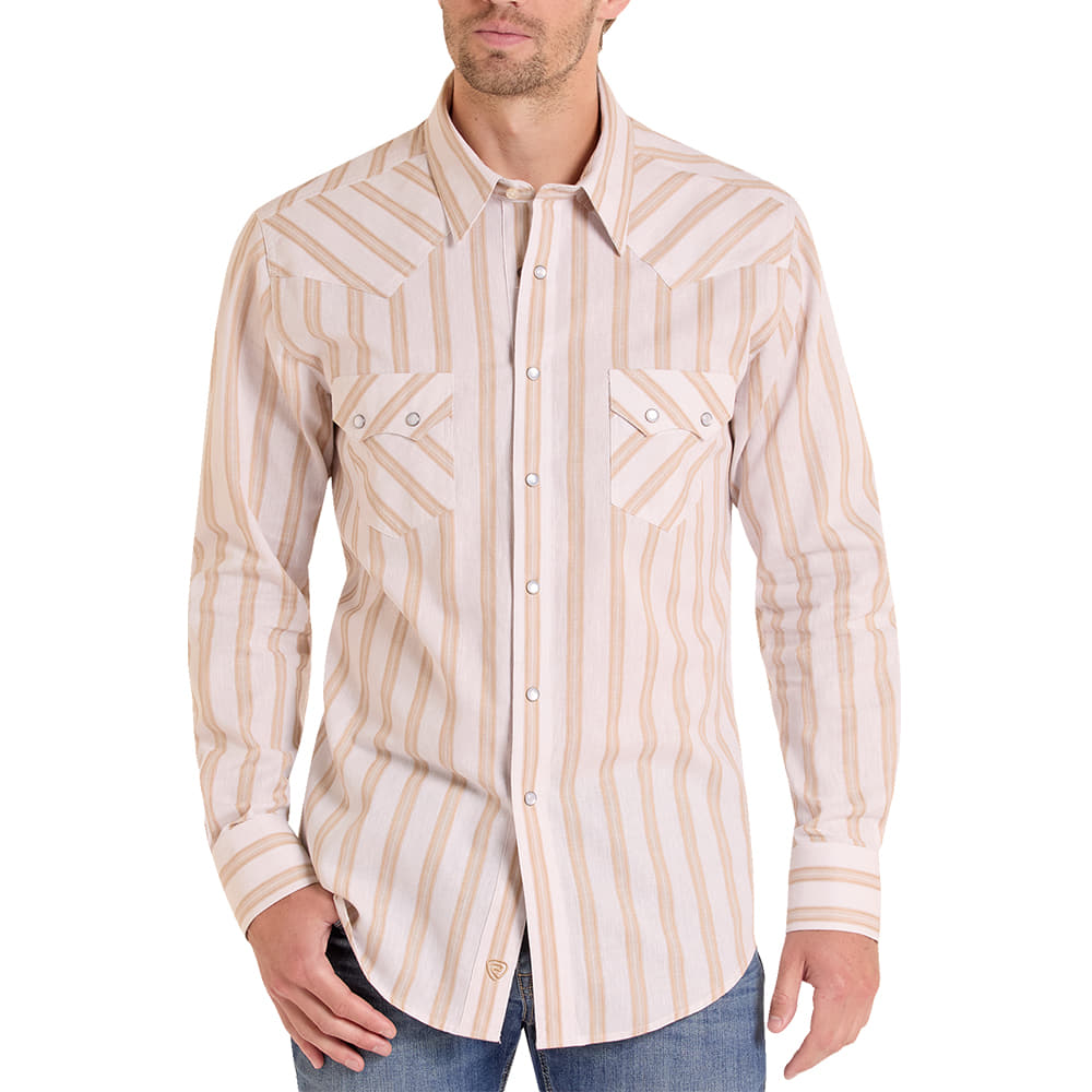 ROCK AND ROLL COWBOY 1000 LONG SLEEVE MENS LONG SLEEVE LINEN BLEND SNAP SHIRT IN STRIPE TAN