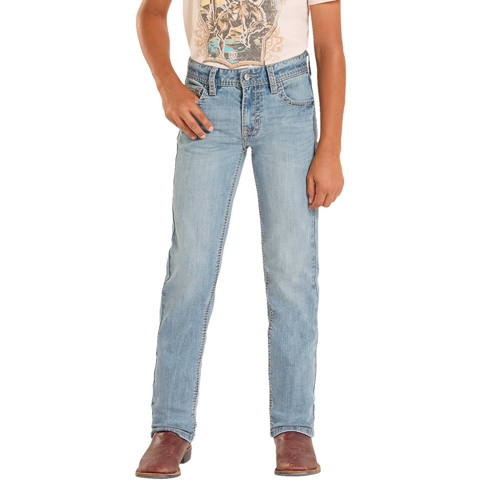 ROCK AND ROLL COWBOY 2000 BOYS PANTS AND JEANS BOYS ROPE STITCH EMBROIDERY REVOLVER JEAN IN LIGHT VINTAGE