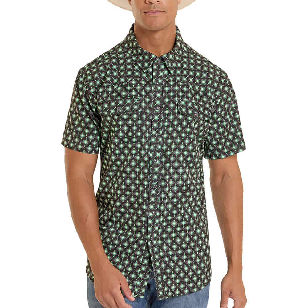 ROCK AND ROLL COWBOY 2000 SHORT SLEEVE MENS SHORT SLEEVE SNAP WESTERN TEK SHIRT IN SOUTHWESTERN DIAMOND PRINT BLACK