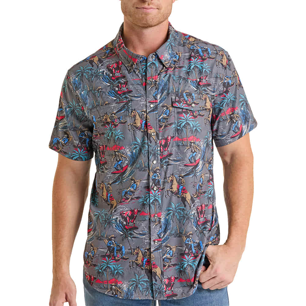 ROCK AND ROLL COWBOY 2000 SHORT SLEEVE MENS SHORT SLEEVE WESTERN TEK CONVERSATIONAL SURFING PRINT IN CHARCOAL