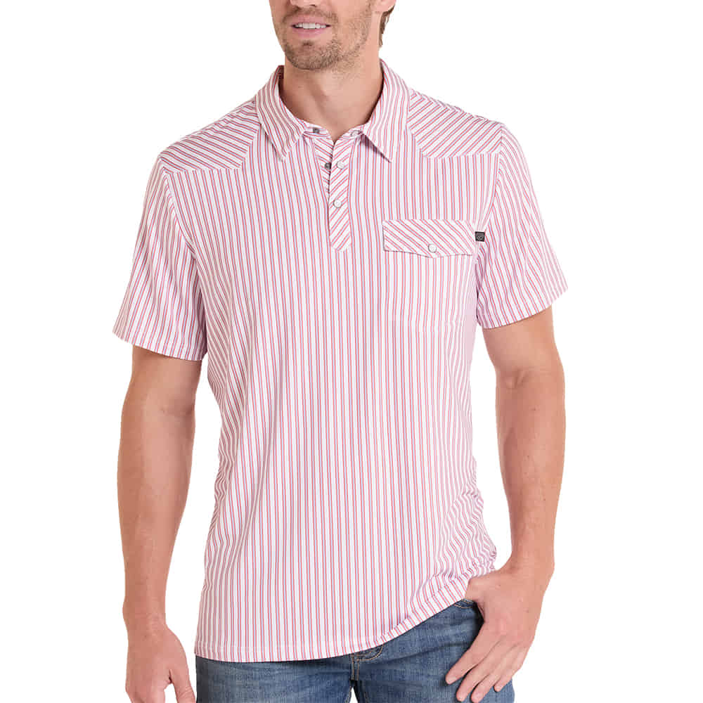 ROCK AND ROLL COWBOY 2000 SHORT SLEEVE MENS STRIPE PRINT WESTERN POLO IN WHITE