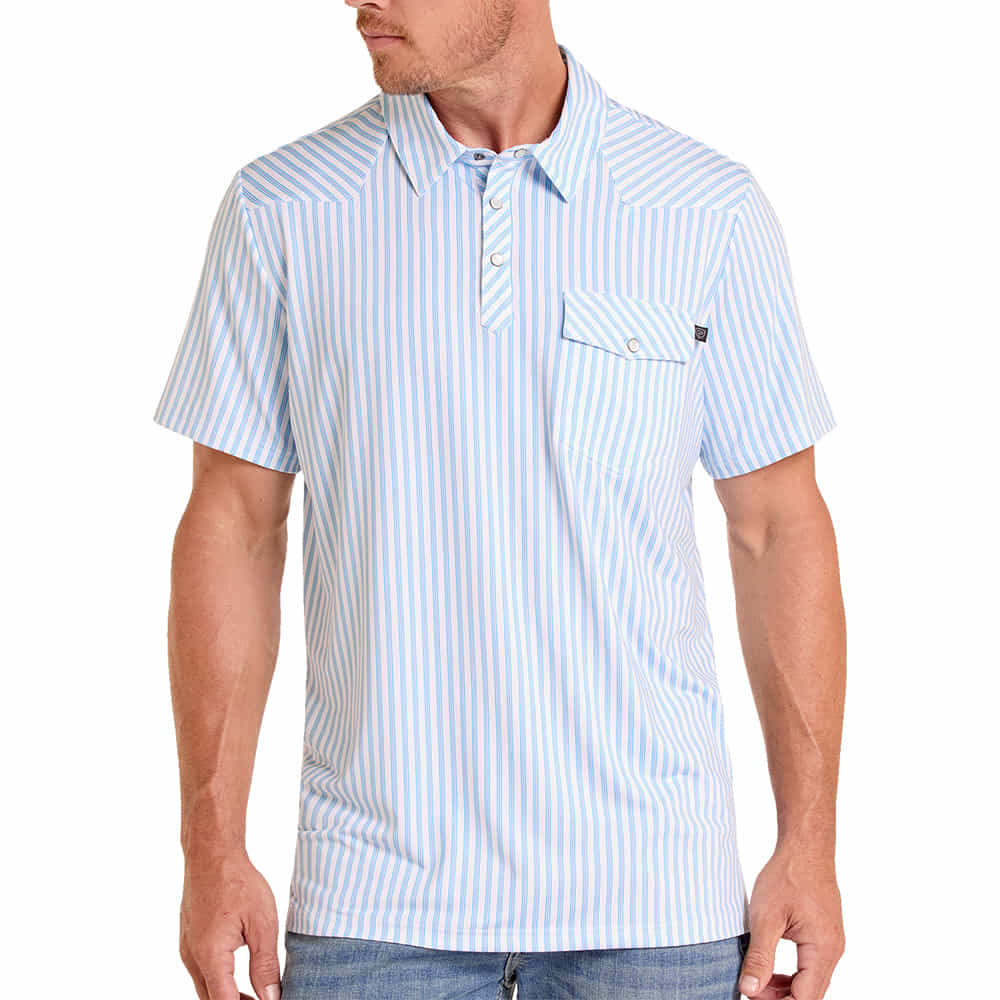 ROCK AND ROLL COWBOY 2000 SHORT SLEEVE MENS STRIPE PRINT WESTERN POLO IN WHITE