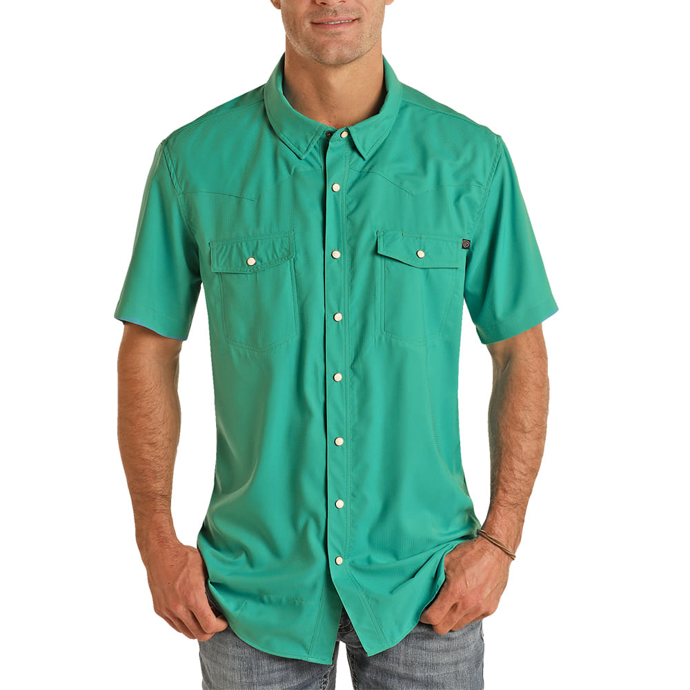 men's emerald green dress shirt Western Tek Solid Snap in by Rock & Roll Cowboy Emerald / M iwd-20%off99 The Full Works - Size:Petite XS like satin shirt is