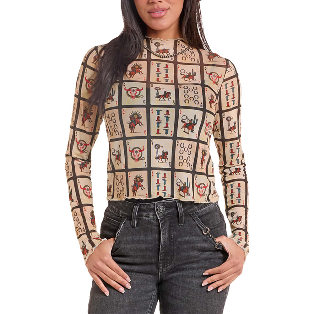 ROCK AND ROLL COWGIRL 1000 FASHION Womenns Playing Cards Mesh Top