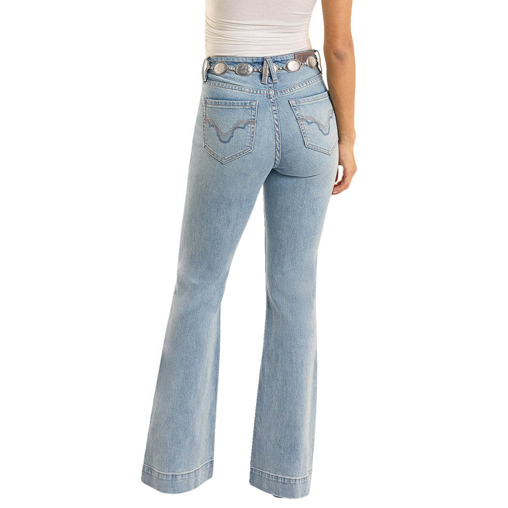 ROCK AND ROLL COWGIRL 200 WOMENS PANTS AND JEANS WOMENS TURQUOISE COIN POCKET MID RISE TROUSER IN MEDIUM VINTAGE