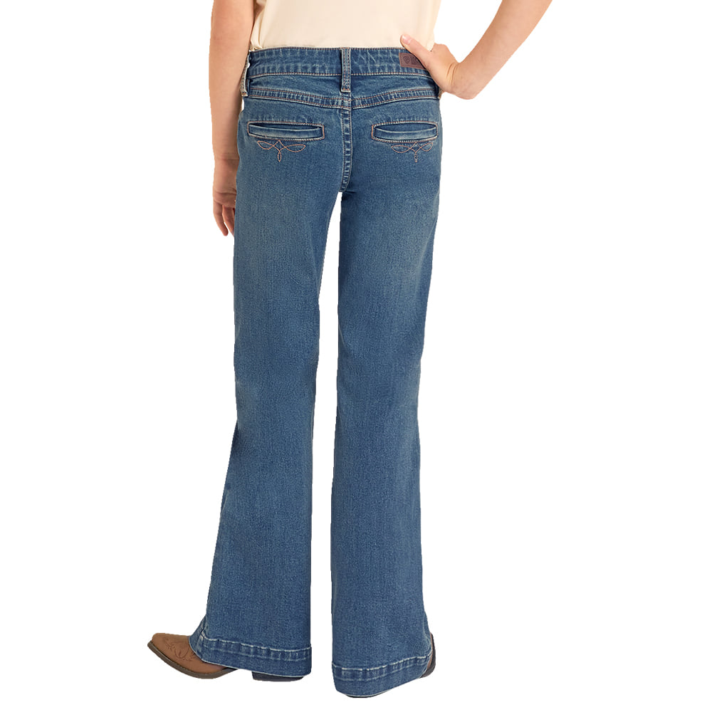 ROCK AND ROLL COWGIRL 2000 GIRLS PANTS AND JEANS GIRLS EXTRA STRETCH STITCHED WELT POCKET TROUSER IN MEDIUM WASH
