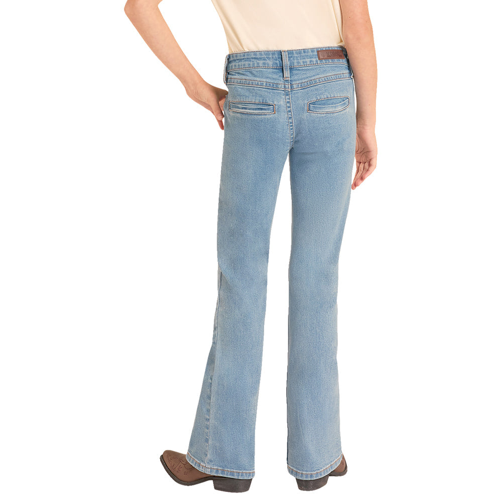 ROCK AND ROLL COWGIRL 2000 GIRLS PANTS AND JEANS GIRLS PATCH POCKET BOOTCUT JEAN IN LIGHT WASH