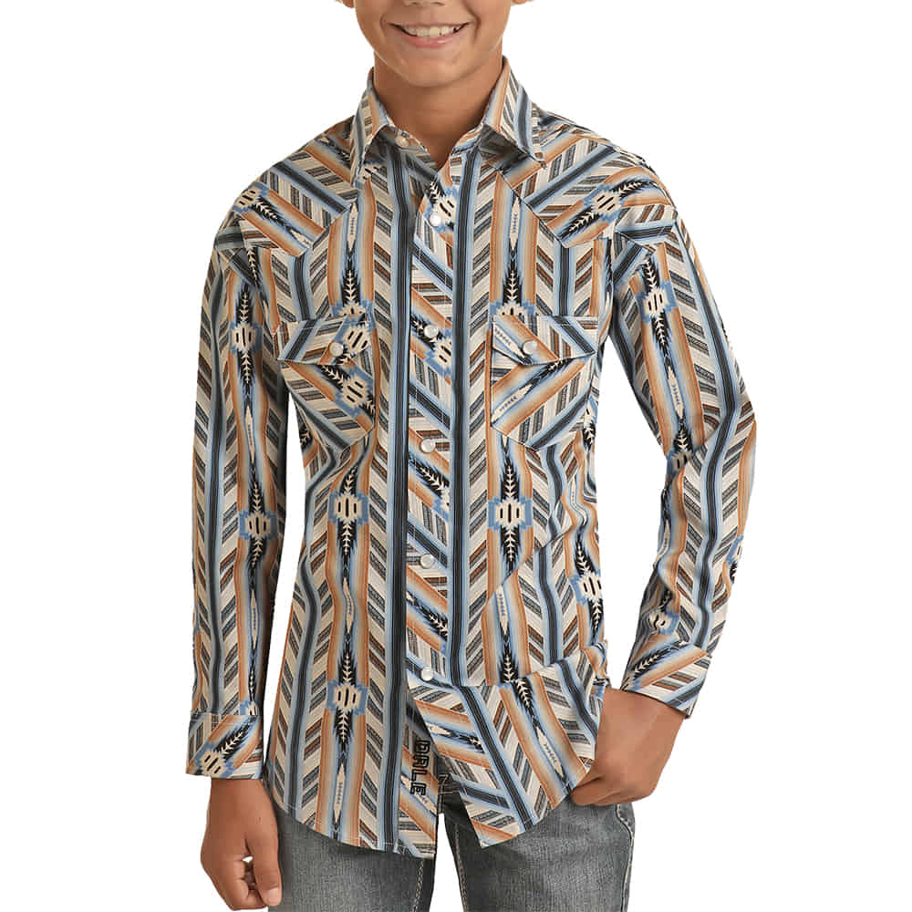 Rock & Roll Cowboy Apparel Rock & Roll Cowboy Boy's Blue Aztec Long Sleeve Button-Down Shirt