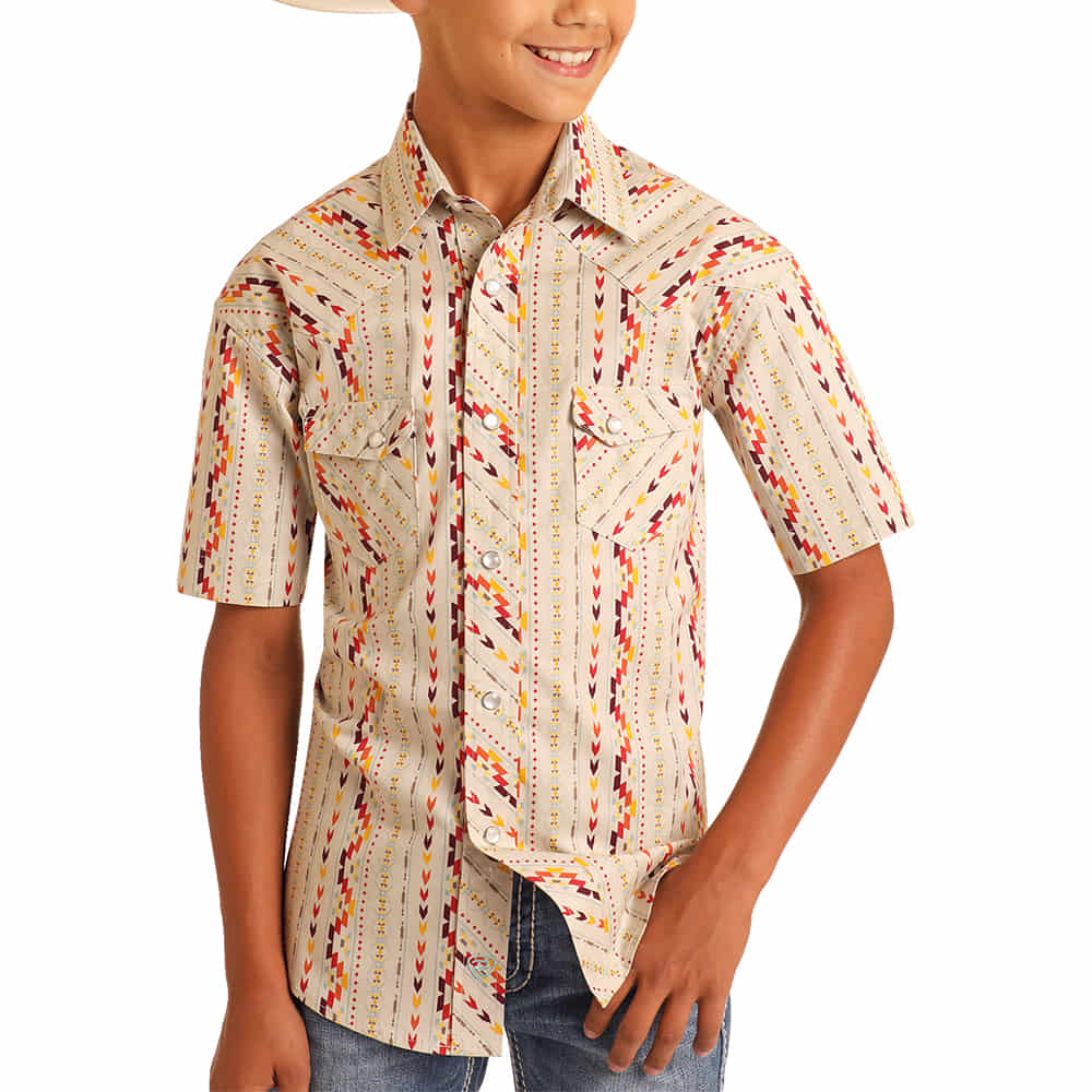 Rock & Roll Cowboy Apparel Rock & Roll Cowboy Boy's Natural Aztec Stripe Snap Short Sleeve Shirt