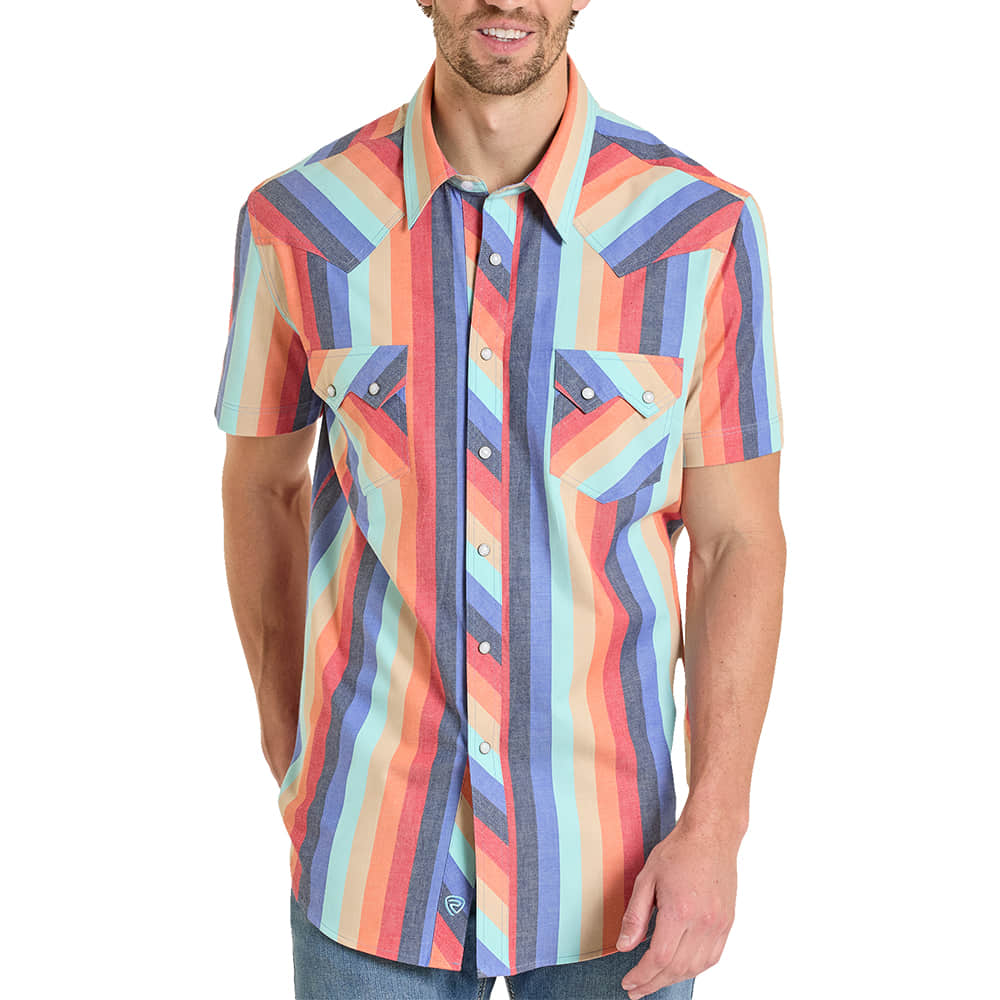 Rock & Roll Cowboy Apparel Rock & Roll Cowboy Men's Orange Retro Stripe Twill Short Sleeve Shirt