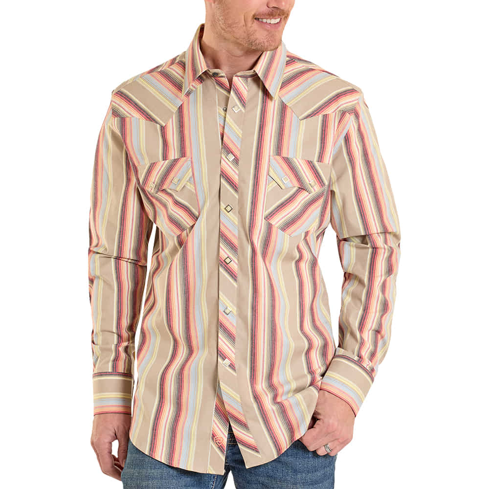 Rock & Roll Cowboy Apparel Rock & Roll Cowboy Men's Retro Yarn Dye Stripped Dark Brown Long Sleeve Shirt